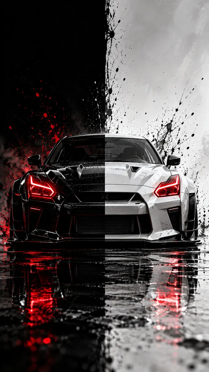 Un coche deportivo Nissan GT-R dividido por la mitad en blanco y negro con faros rojos brillantes sobre una superficie mojada.