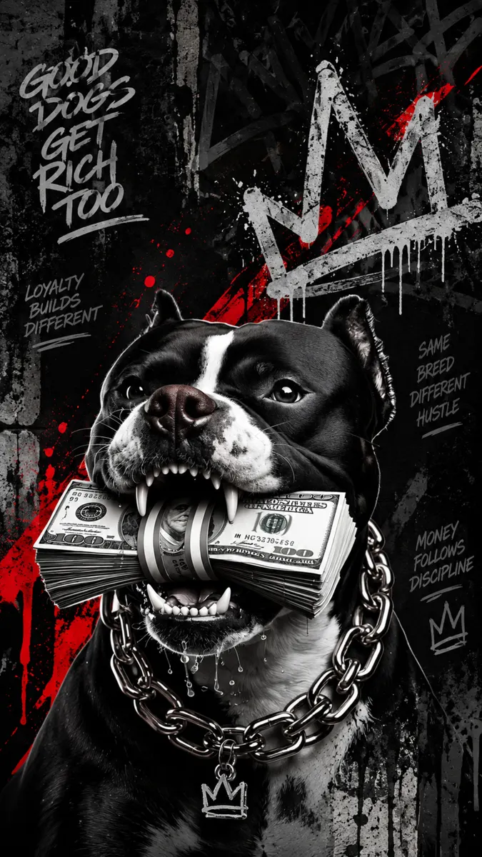 Un pitbull noir et blanc avec un collier à chaîne en argent épais tenant une liasse d'argent dans sa gueule contre un mur de graffiti urbain sombre.