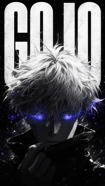 Nahaufnahme von Satoru Gojo mit leuchtend violetten Augen und stacheligem weißem Haar vor einem dunklen Hintergrund mit Text