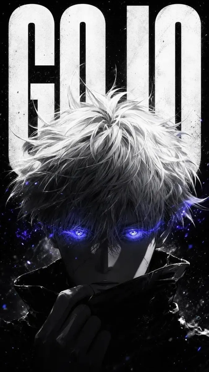 Nahaufnahme von Satoru Gojo mit leuchtend violetten Augen und stacheligem weißem Haar vor einem dunklen Hintergrund mit Text