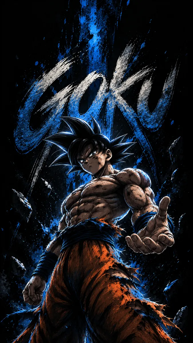 Goku con un traje naranja desgastado por la batalla y cabello negro puntiagudo extendiendo la mano sobre un fondo negro con texto azul