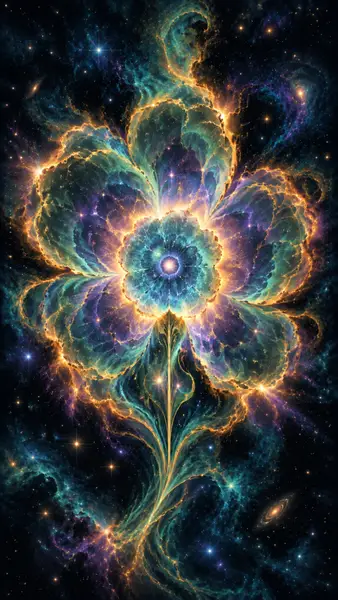 Nebula besar berbentuk bunga dengan tepi oranye bercahaya dan pusat berwarna teal yang melayang di ruang angkasa dengan bintang-bintang yang tersebar.