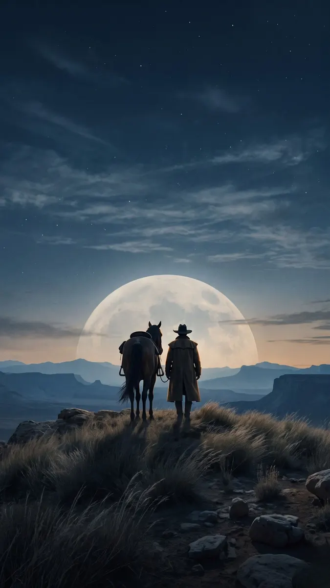 Ein Cowboy mit langem Mantel und Hut steht nachts neben seinem Pferd auf einem Hügel, im Hintergrund ein großer Mond.