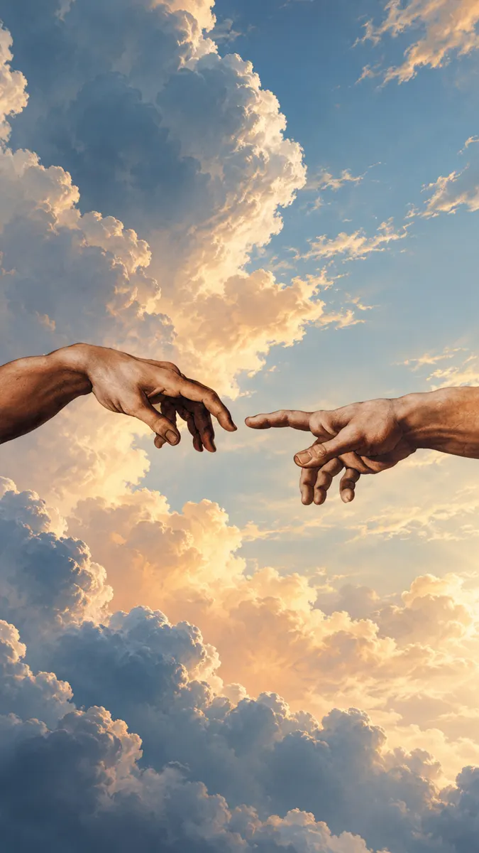 Twee menselijke handen die naar elkaar reiken in de stijl van het schilderij de Schepping van Adam tegen een bewolkte lucht.