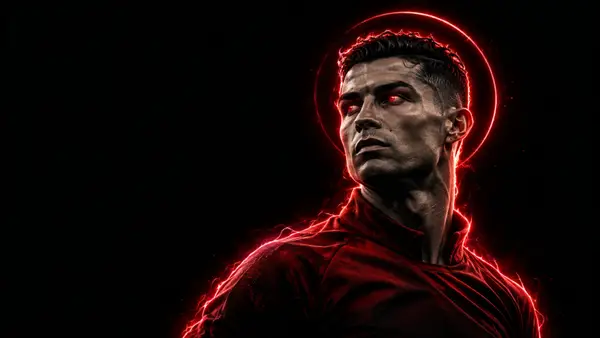 Cristiano Ronaldo kijkt opzij met gloeiende rode ogen en een rode lichtkrans achter zijn hoofd in een donkere omgeving