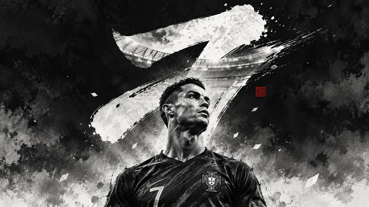 Cristiano Ronaldo ينظر للأعلى بينما يرتدي قميص المنتخب البرتغالي الداكن مع رقم سبعة أبيض كبير مرسوم خلفه.