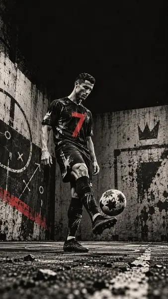 Cristiano Ronaldo balanceert een voetbal op zijn voet terwijl hij een zwart shirt met een rood nummer zeven draagt