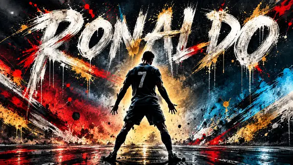 Cristiano Ronaldo staat met zijn rug naar de camera in een shirt met nummer 7 tegen een donkere achtergrond met kleurrijke verfspatten.