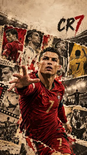 Cristiano Ronaldo reikt naar voren in een rood Portugal-shirt, omringd door een collage van zijn verschillende voetbalhoudingen en teamtenues.