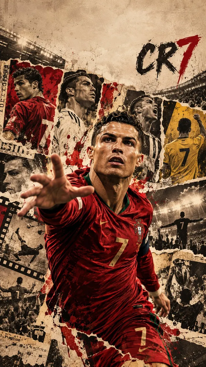 Cristiano Ronaldo extendiendo la mano con la camiseta roja de Portugal, rodeado por un collage de sus diversas poses de fútbol y equipaciones de equipo.