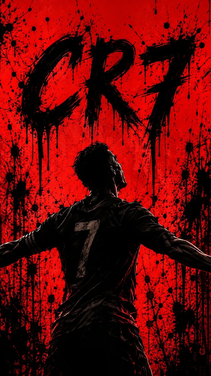 Cristiano Ronaldo von hinten gesehen mit ausgestreckten Armen in einem Trikot mit der Nummer 7 vor einem roten Hintergrund mit schwarzen Farbtropfen und dem CR7-Text.