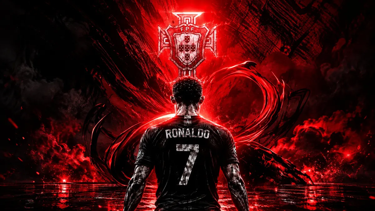 Cristiano Ronaldo in piedi di spalle alla fotocamera con una maglia nera con il numero 7 e lo stemma del Portogallo sopra di lui.