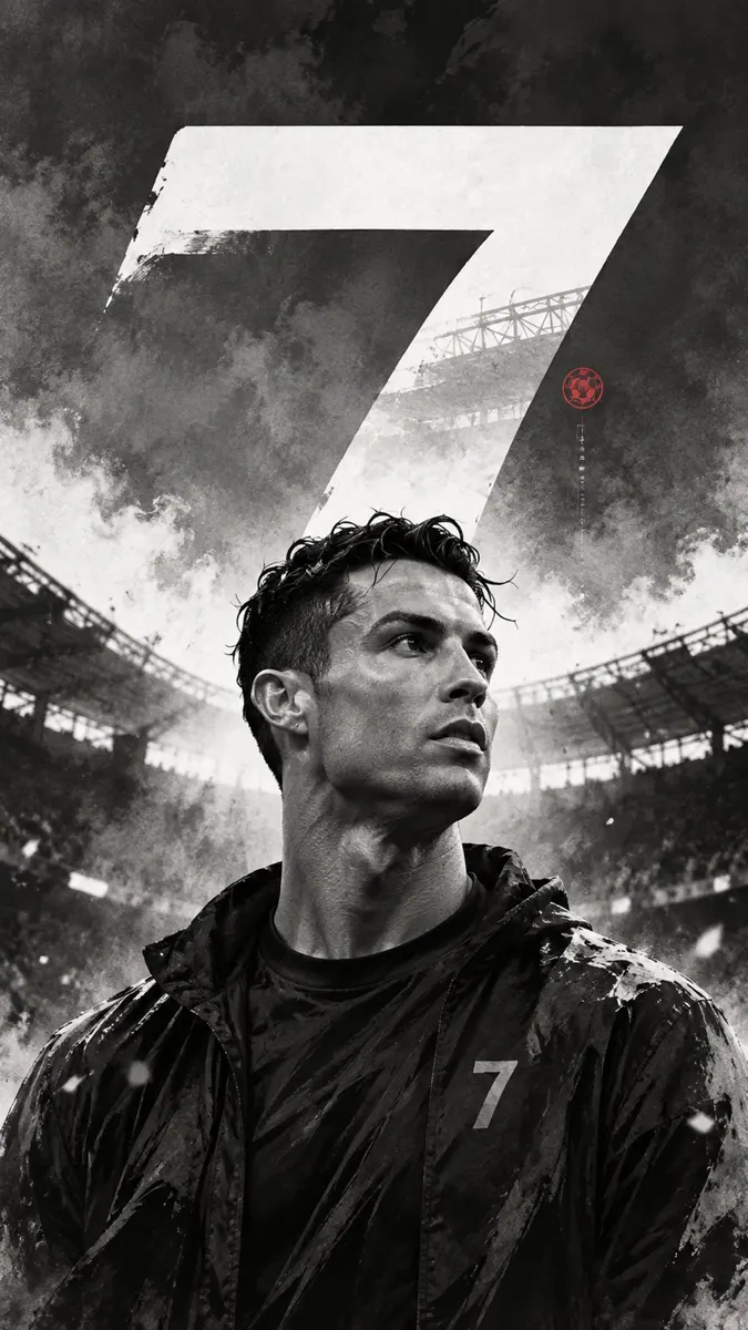 Cristiano Ronaldo dans une veste noire regardant vers le haut avec un grand graphique du numéro 7 et un fond de stade en noir et blanc