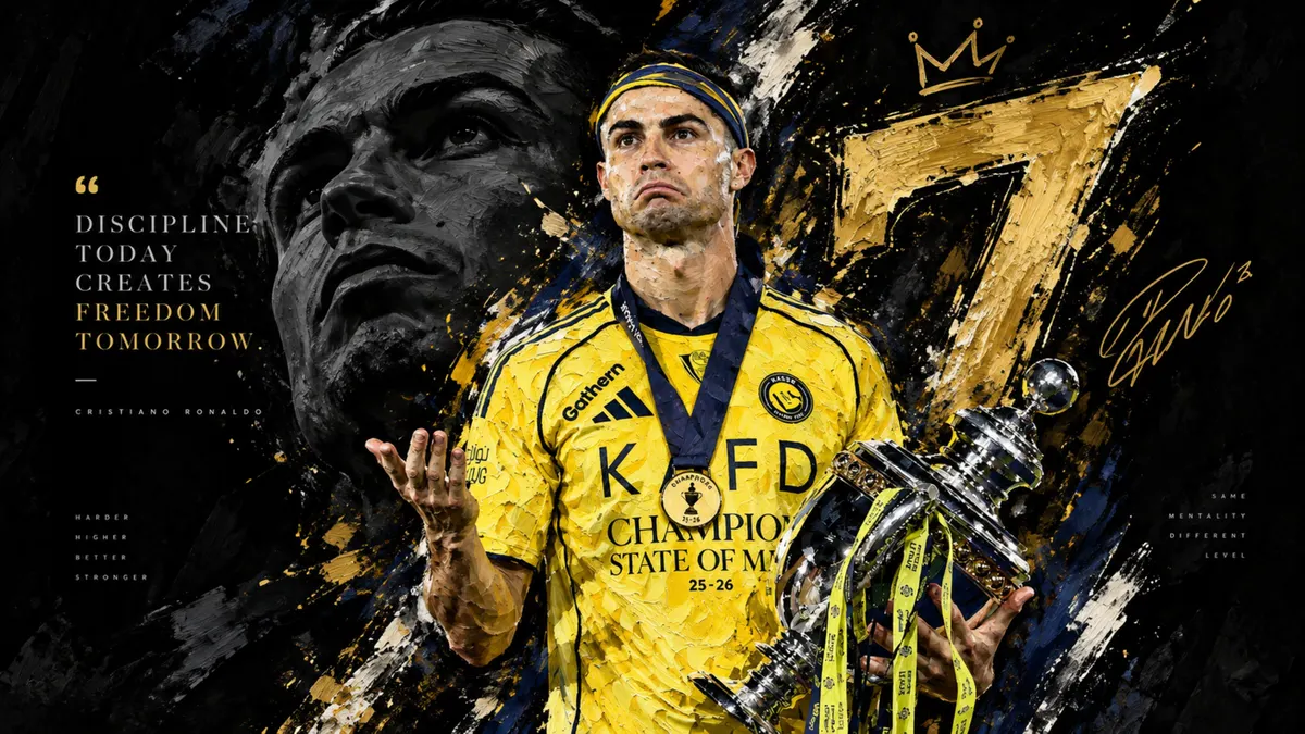 Cristiano Ronaldo in a yellow jersey holding a trophy with a medal around his neck against a dark artistic background.