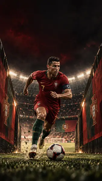 Cristiano Ronaldo rent vooruit in een rood Portugal-shirt en groene sokken met een voetbal op het gras