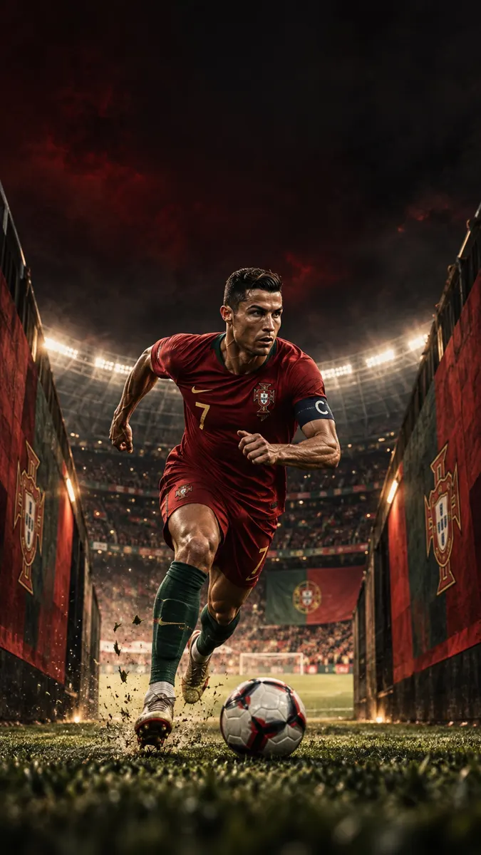 Cristiano Ronaldo courant vers l'avant avec un maillot rouge du Portugal et des chaussettes vertes avec un ballon de football sur l'herbe