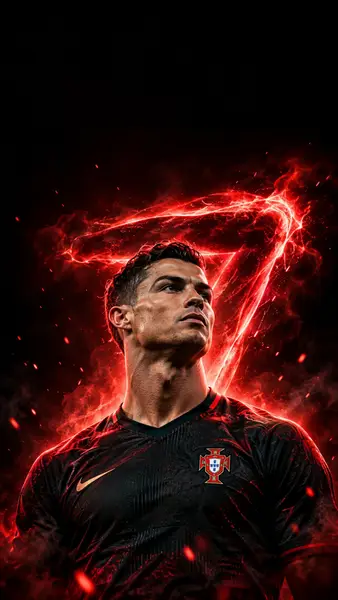 Cristiano Ronaldo kijkt omhoog terwijl hij een zwart Portugal voetbalshirt draagt met een gloeiend rood nummer zeven achter hem.