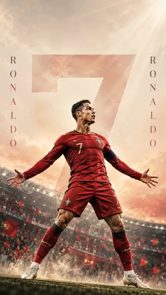 Cristiano Ronaldo staat op een voetbalveld met wijd open armen, gekleed in het rode Portugal tenue.