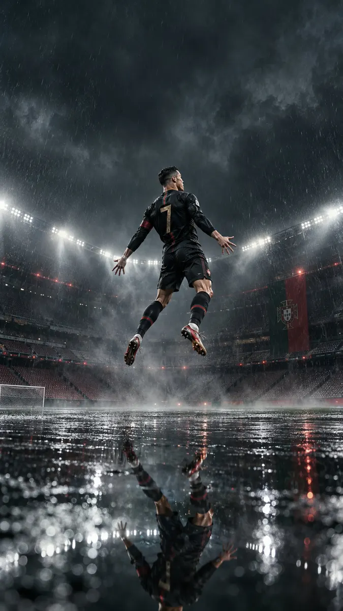 Cristiano Ronaldo con la camiseta negra de Portugal saltando en el aire dentro de un estadio de fútbol lluvioso con su reflejo en el suelo