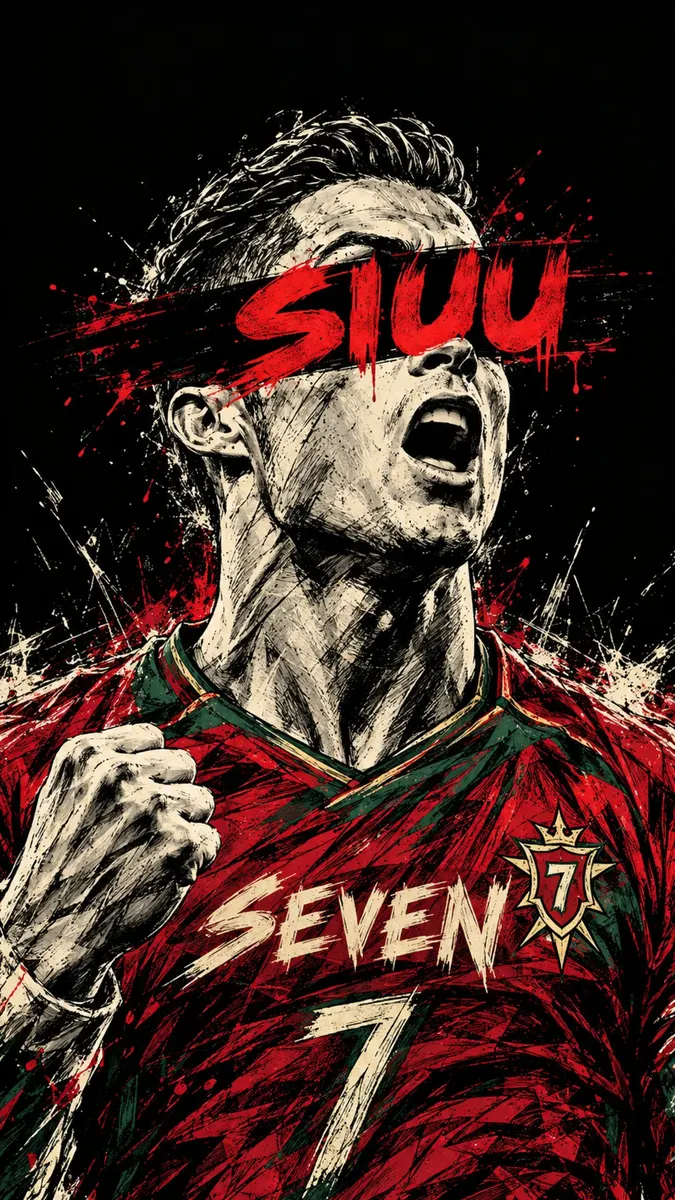 Cristiano Ronaldo criant avec un maillot rouge et le mot Siuu peint sur ses yeux dans un style artistique sombre