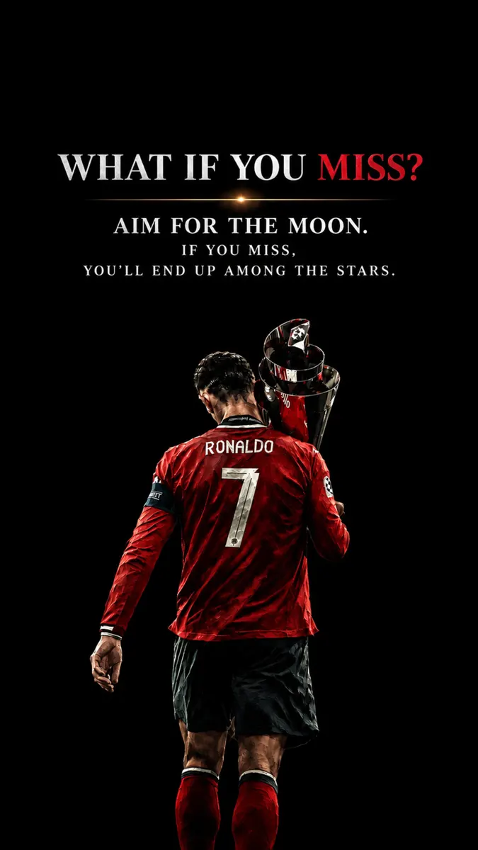 Cristiano Ronaldo vistiendo una camiseta roja número 7 sosteniendo un trofeo plateado sobre un fondo negro liso con texto motivacional.