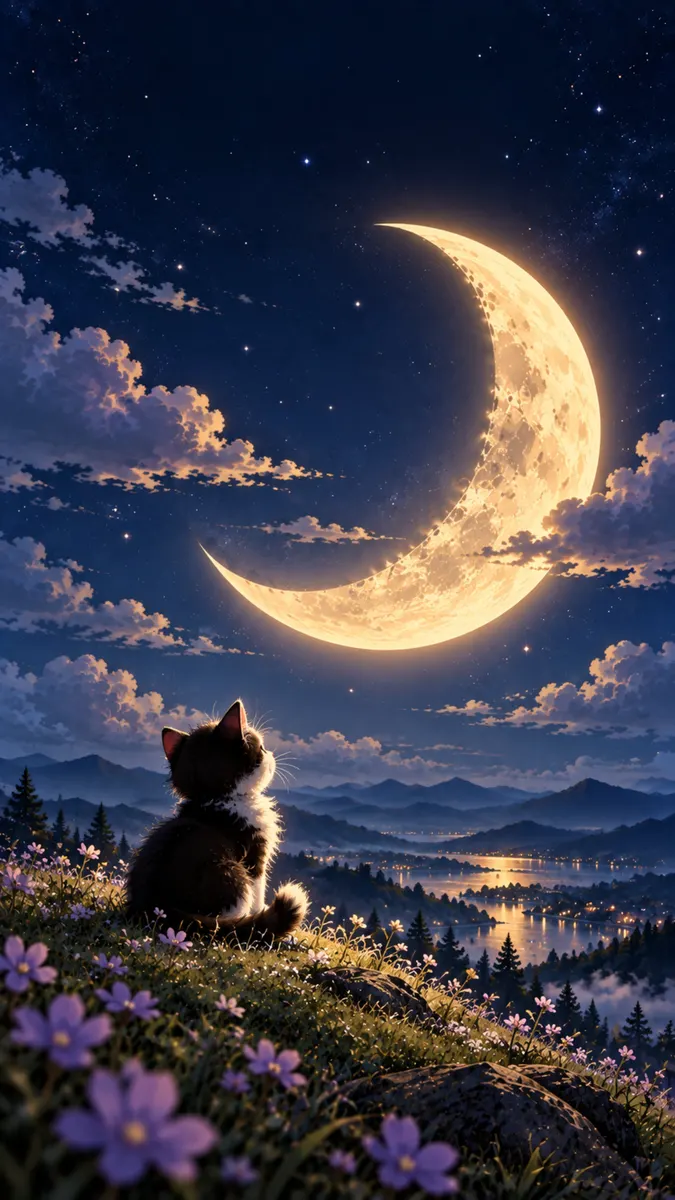 Un petit chat noir et blanc assis sur une colline herbeuse couverte de fleurs violettes, regardant une lune croissante brillante dans le ciel nocturne.