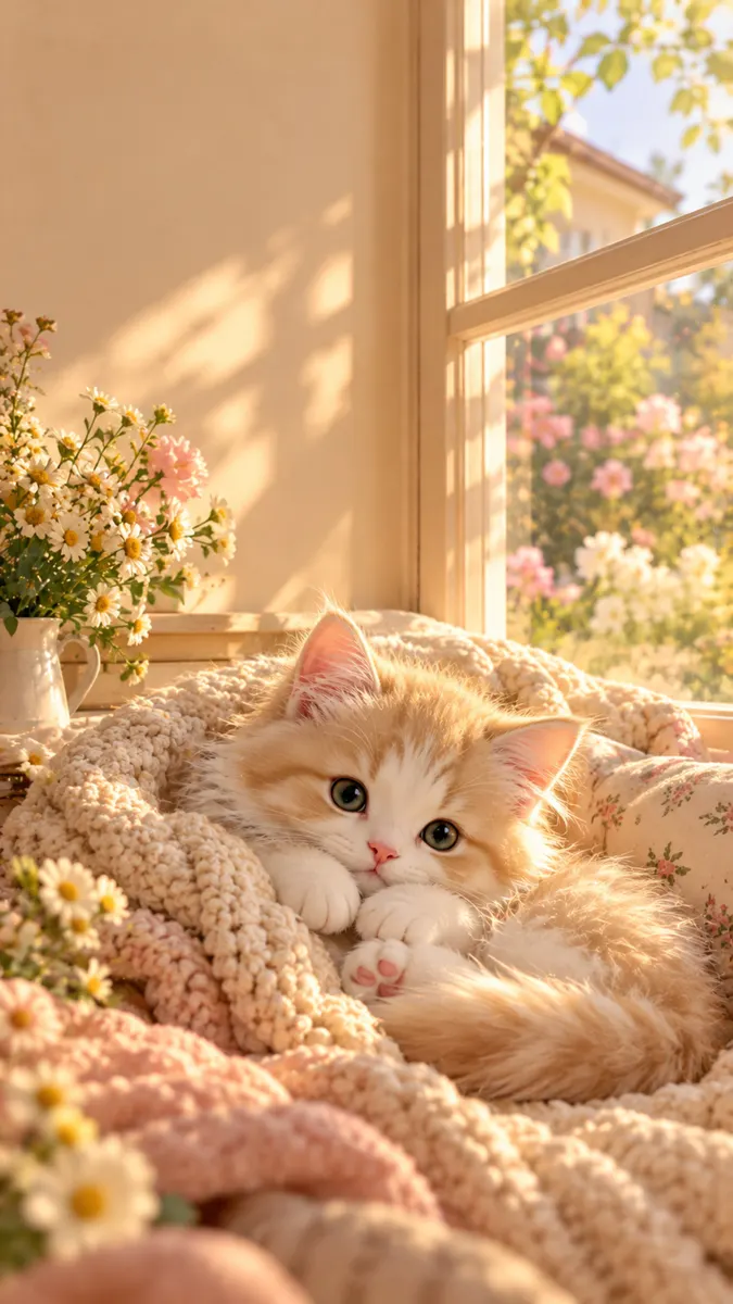 Um pequeno gatinho de cor gengibre e branco enrolado em um cobertor macio ao lado de um vaso de flores perto de uma janela ensolarada.