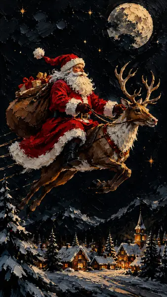 Santa Claus ببدلة حمراء يركب رنة عبر سماء الليل فوق قرية ثلجية مع قمر كامل.