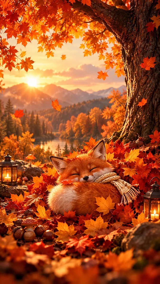 Un petit renard avec une écharpe tricotée dormant dans un tas de feuilles d'automne tombées sous un arbre avec des lanternes à proximité.