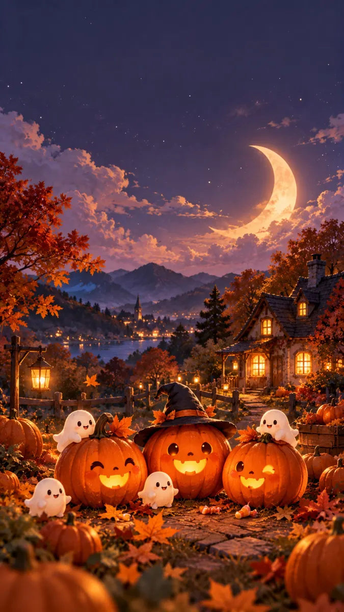 Tres calabazas talladas sonrientes y varios pequeños fantasmas blancos se sientan en un sendero de jardín frente a una cabaña iluminada por la noche.