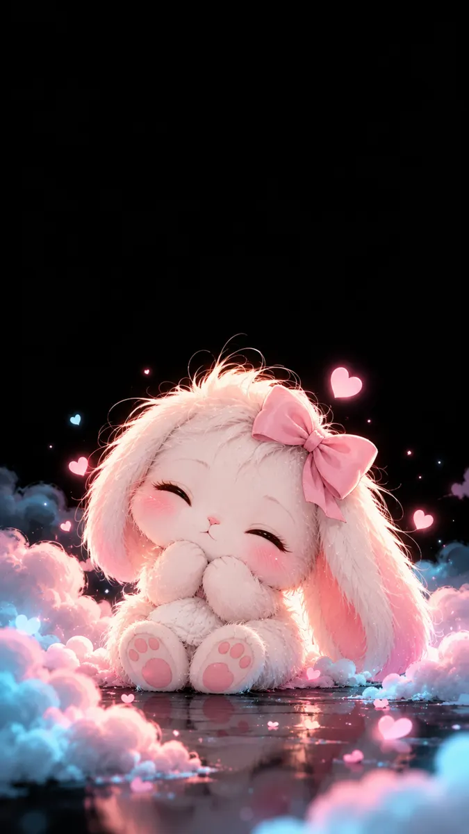 Un petit lapin blanc avec un nœud rose assis dans des nuages duveteux avec des cœurs roses brillants et un fond sombre.