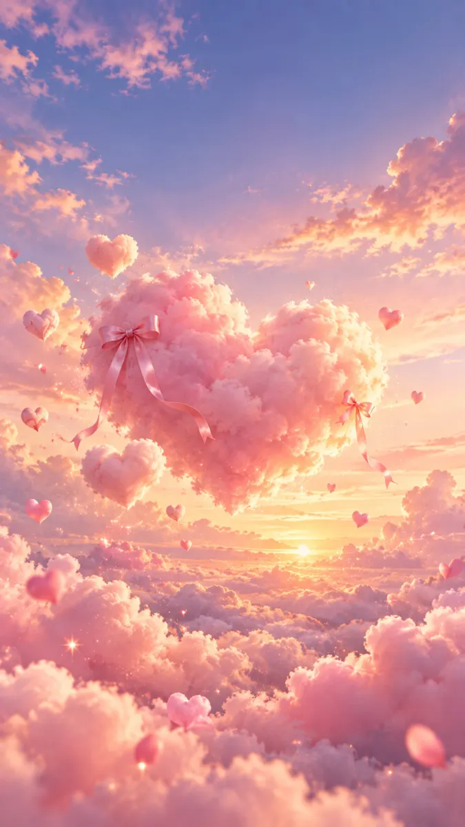Awan berbentuk hati berwarna merah muda melayang di langit matahari terbenam dengan pita diikat di sekelilingnya dan awan hati yang lebih kecil tersebar di mana-mana.