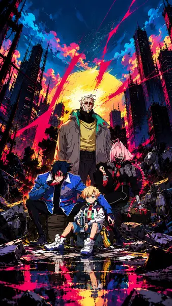 Neon pembe ve mavi bulutlar ve arka planda büyük bir sarı güneş ile yıkılmış bir şehirde poz veren dört anime karakteri.