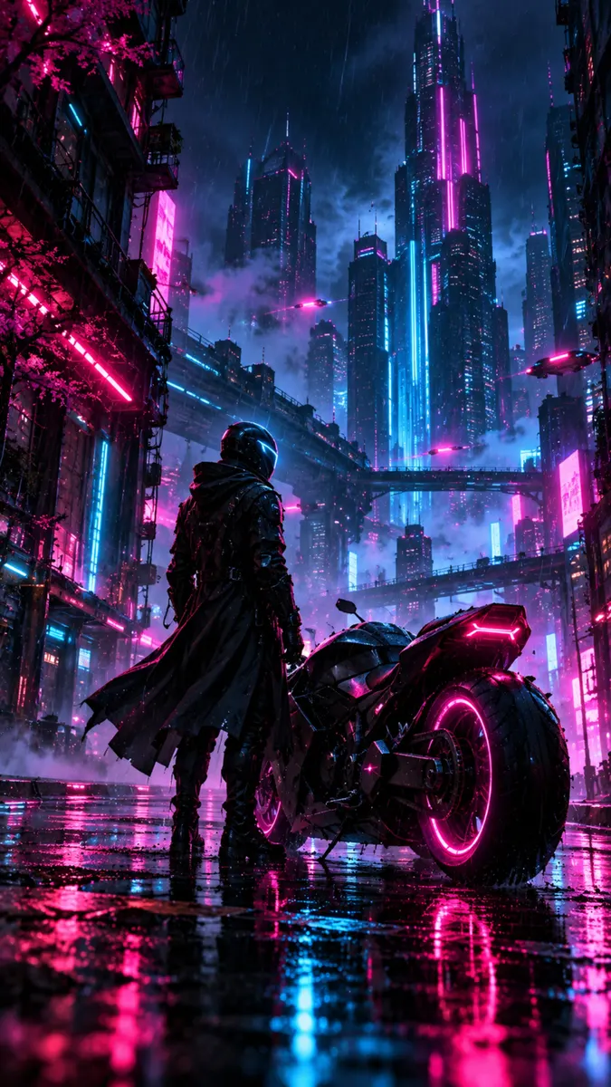 Una persona con casco futurista y abrigo largo está junto a una motocicleta con ruedas rosas brillantes en una calle lluviosa.
