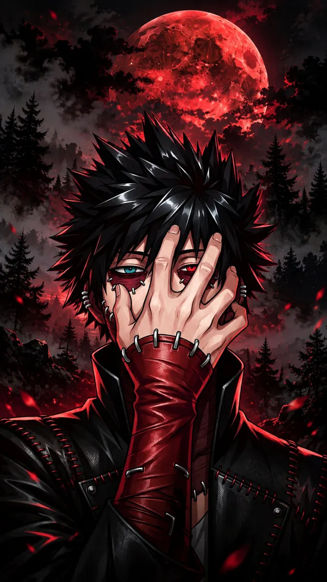 Dabi dengan rambut hitam runcing dan kulit penuh bekas luka menutupi wajahnya dengan tangan di depan bulan merah dan hutan gelap.