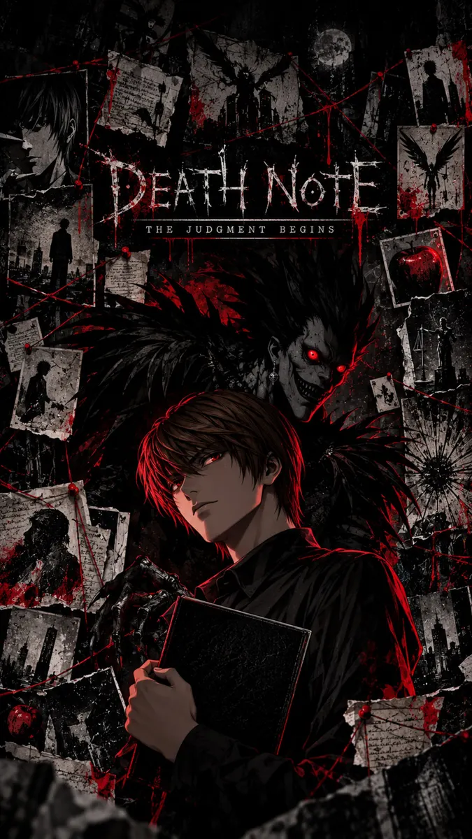 segurando um caderno com Ryuk espreitando atrás dele contra um fundo de fotos espalhadas e um fio vermelho.