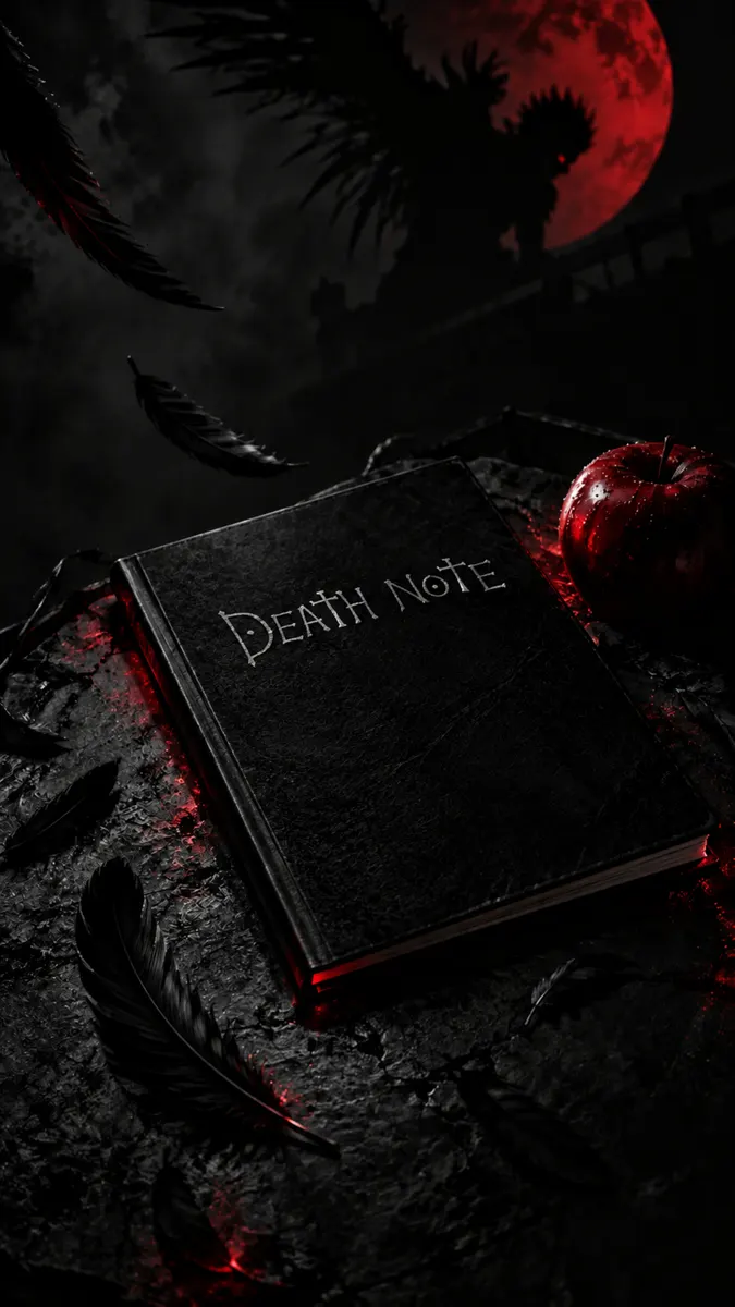 Buku Death Note hitam tergeletak di permukaan gelap dengan apel merah dan bulu hitam di bawah bulan merah.