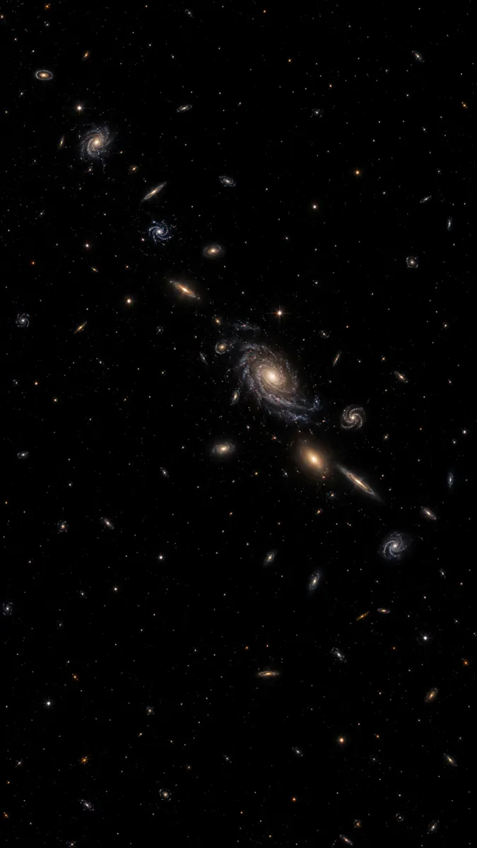 Une collection de galaxies spirales et d'étoiles brillantes dispersées sur un vaste fond sombre de l'espace profond.