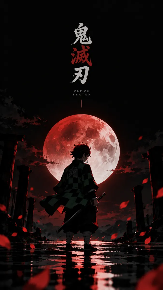Tanjiro Kamado de Demon Slayer debout avec son épée devant une lune rouge géante la nuit