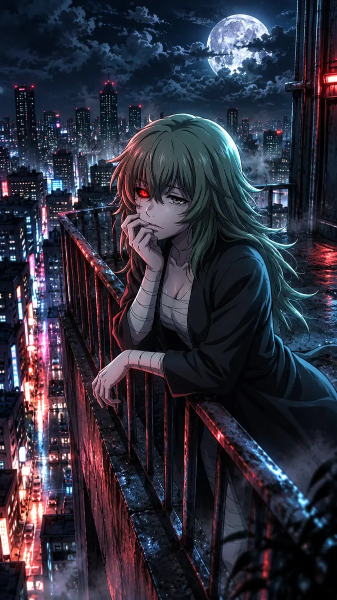 Personaje de anime con cabello verde y un ojo rojo apoyado en la barandilla de un balcón sobre una ciudad por la noche.
