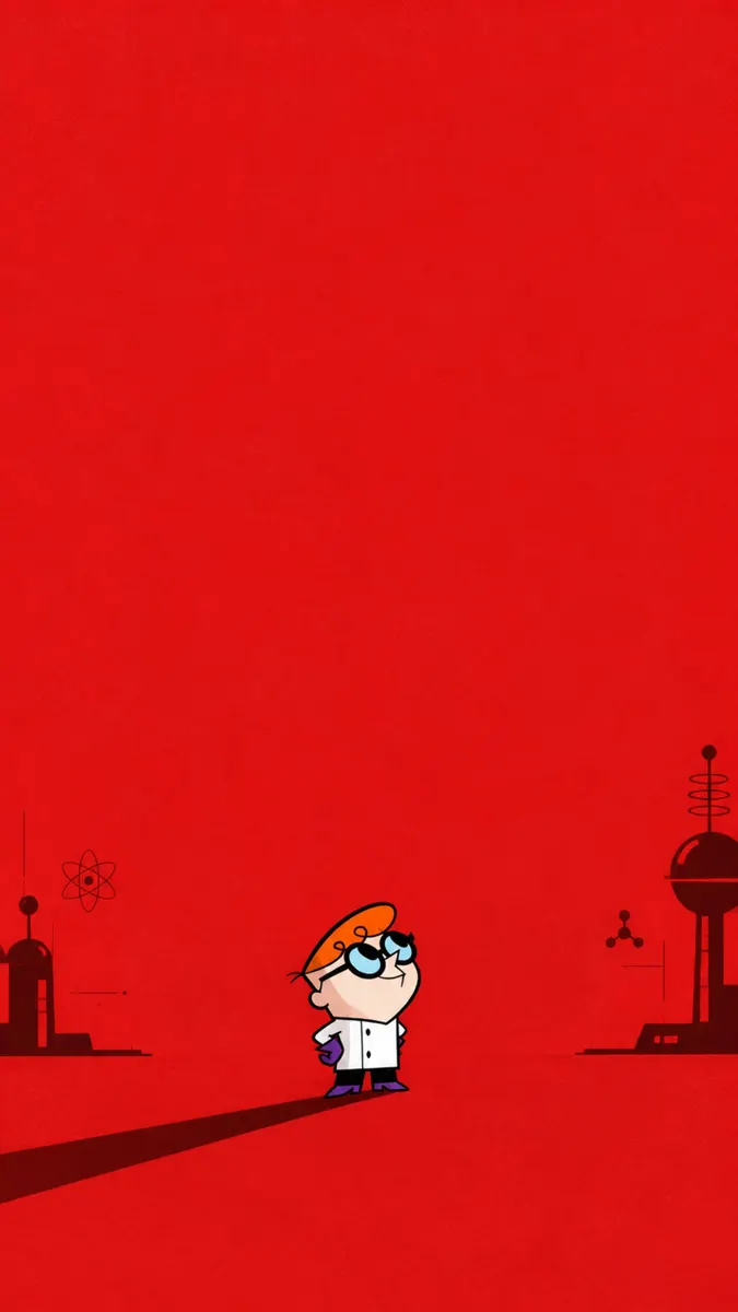 Dexter de Dexter's Laboratory con su bata de laboratorio blanca y guantes morados de pie frente a un fondo rojo brillante.