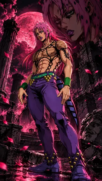 Diavolo con pelo largo rosa y pantalones morados de pie frente a una luna rosa gigante y ruinas de piedra.