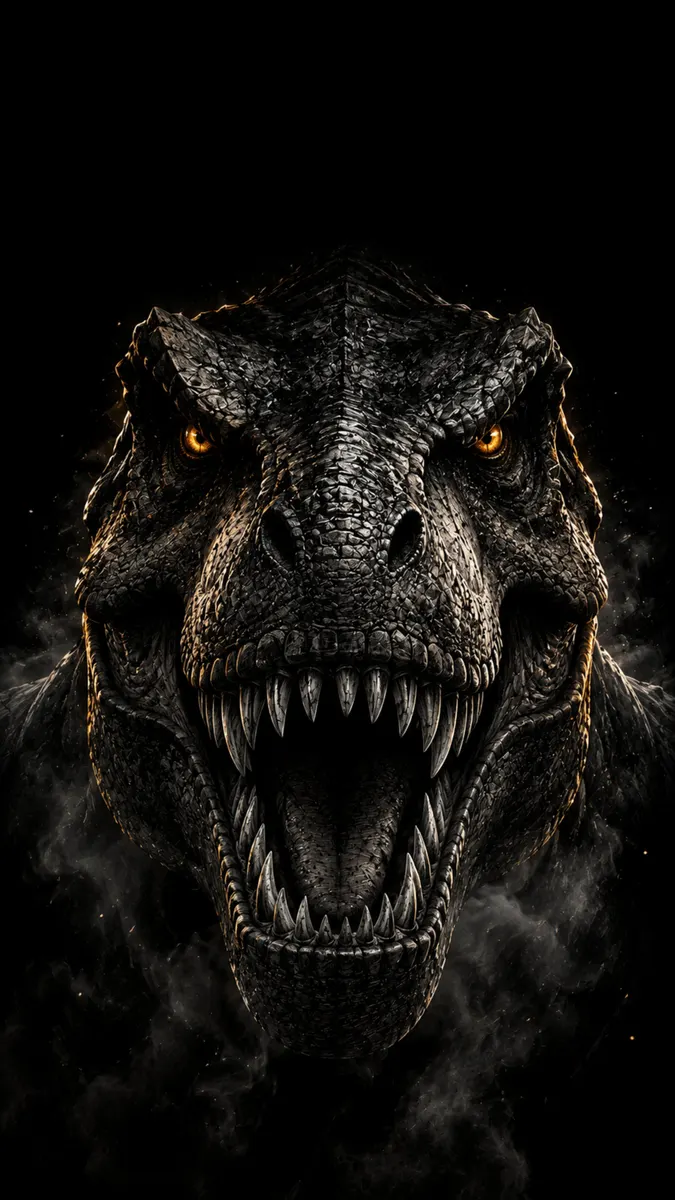 Vorderansicht eines T-Rex-Kopfes mit texturierten schwarzen Schuppen, leuchtend bernsteinfarbenen Augen und einem offenen Maul, das scharfe Zähne im Rauch zeigt.