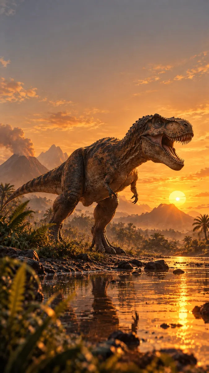 Een T-Rex dinosaurus die met open bek op een rivieroever staat tijdens een gouden zonsondergang met bergen en een vulkaan in de buurt.