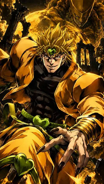 Dio Brando mit blonden Haaren und gelber Kleidung greift mit scharfen Fingernägeln nach vorne, mit seinem Stand The World hinter ihm.