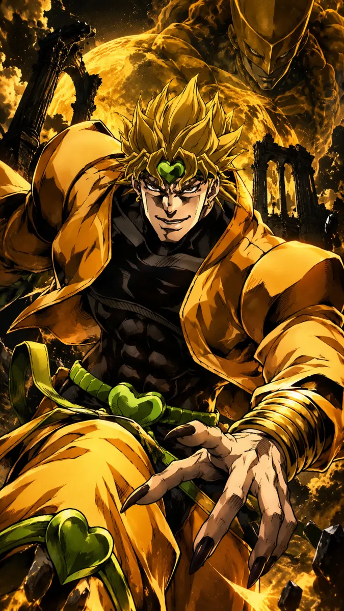 Dio Brando dengan rambut pirang dan pakaian kuning menjangkau ke depan dengan kuku tajam, dengan Stand-nya The World di belakangnya.