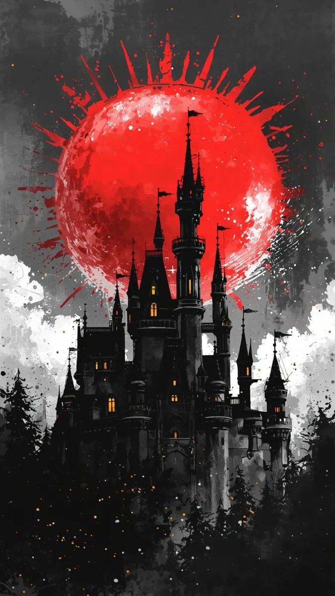 Siluet kastil Disney berdiri di depan bulan merah raksasa dengan pepohonan hutan gelap di bagian bawah