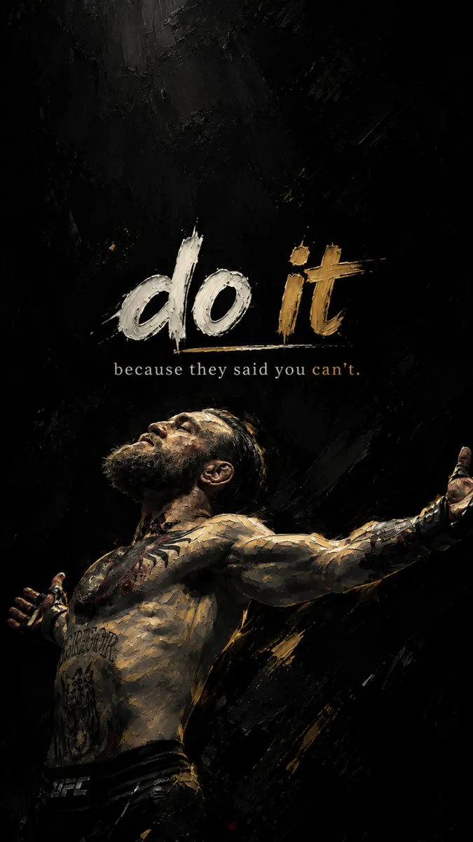 Conor McGregor standing with arms wide open against a dark textured background with motivational text above him.