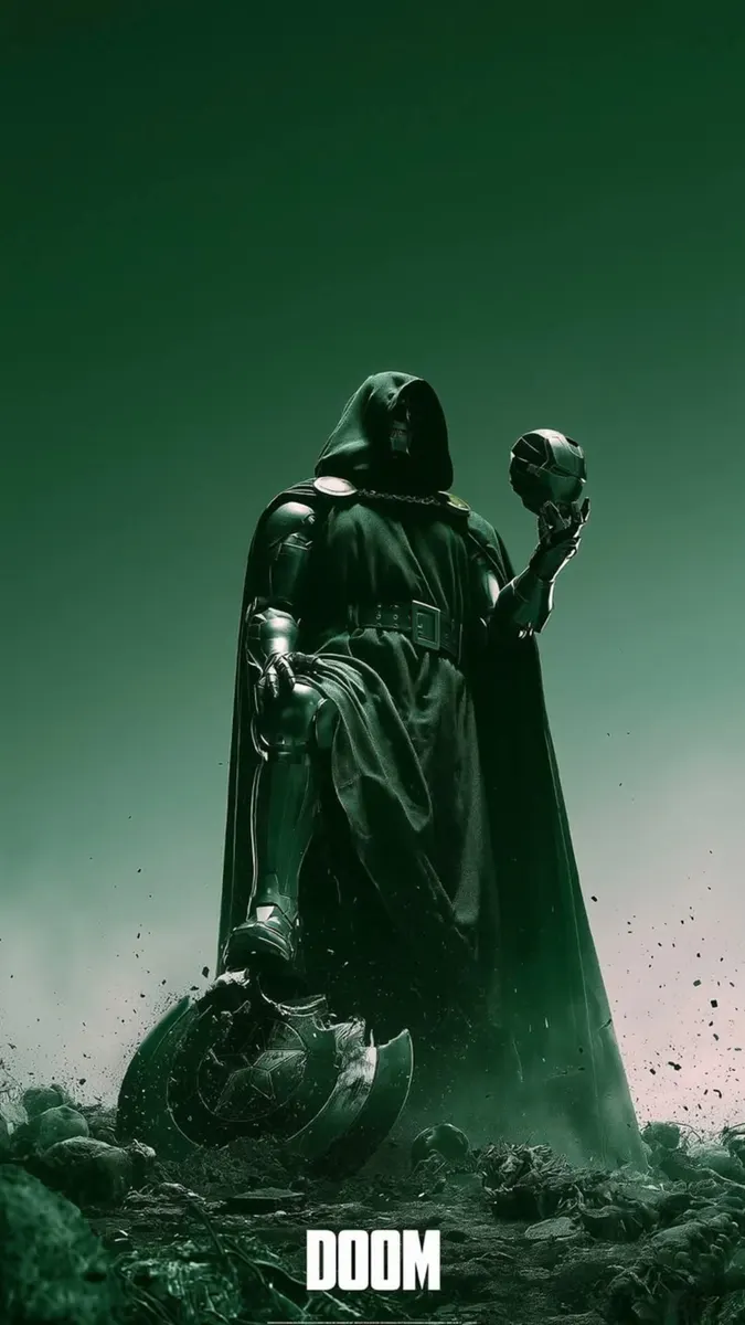 Doctor Doom dengan jubah hijau berkerudung memegang topeng dengan perisai rusak di bawah sepatunya
