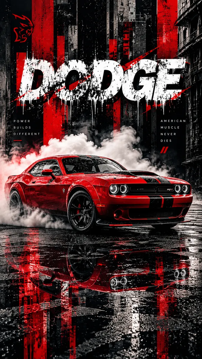 سيارة عضلات Dodge Challenger حمراء اللون تقوم بالتفحيط على أسفلت مبلل، مما يخلق دخانًا مع خلفية مدينة مظلمة وخطوط عمودية حمراء.